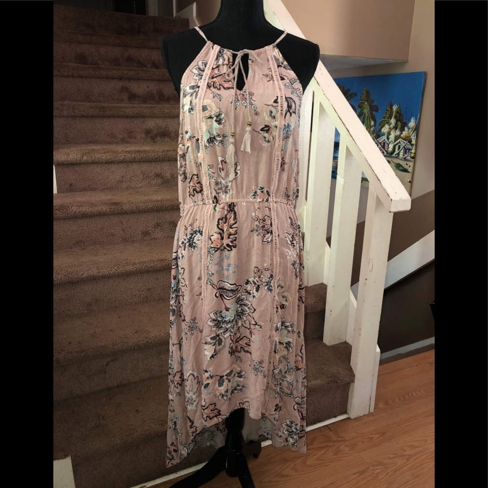 Lavender Floral Hi/Lo, High Neckline Summer Dress